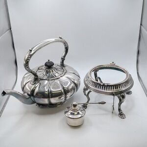 Antique E.G. Webster & Son Spirit Tea Kettle Silver Plate Melon Ribbed Oil Lamp